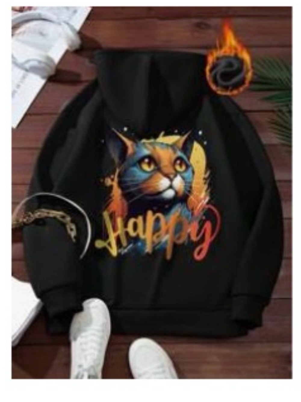 Happy Cat Graphic Hoodie - Black